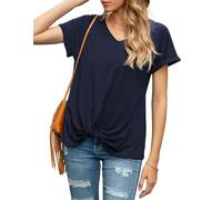 TASAMO Women's Short Sleeve V Neck Blouses Twist Knot Tees for Everyday Chic (Large,Navy Blue)