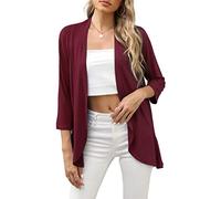 TASAMO Womens Soft Loose 3/4 Sleeve Outwear Cropped Cardigans Ruffles Hem Summer Kimono(Medium, Wine Red)