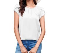 TASAMO Womens Tops Loose Round Neck Pleated Cap Sleeves Solid Color Simple Formal Blouse