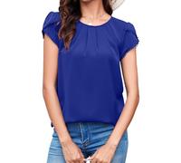 TASAMO Womens Tops Loose Round Neck Pleated Cap Sleeves Solid Color Simple Formal Blouse