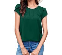 TASAMO Womens Tops Loose Round Neck Pleated Cap Sleeves Solid Color Simple Formal Blouse