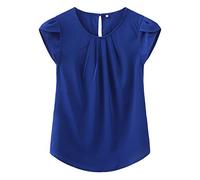TASAMO Womens Tops Loose Round Neck Pleated Cap Sleeves Solid Color Simple Formal Blouse(Small, Royal Blue)