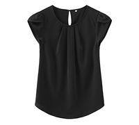 TASAMO Womens Tops Loose Round Neck Pleated Cap Sleeves Solid Color Simple Formal Blouse(X-Large, Black)