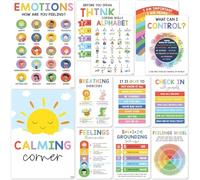 TASBER 12 PCS Calming Corner Posters, Feelings Wheel Chart & Emotions Poster For Kids, Calm Down Corner Supplies For Therapy Office Decor, Mental Health Wall Decorations For Preschool