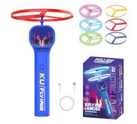 TASBER Rechargeable Flying Disc Launcher, Disc Launching 6 Flying Discs, Interactive Fetch Cat Toy, Kitten Flying Saucers for Pet Training Behavior Development Owner Bonding Time Exercise (Blue)