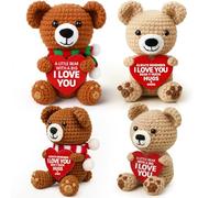 Tasdurian 4 Pack Mini Crochet Bear Gifts for Her Him Christmas, Crocheted Bear with Heart Cute Knitted Animal I Love You Gift for Him Bf Husband Valentines Day Birthday Wedding Anniversary Decoration