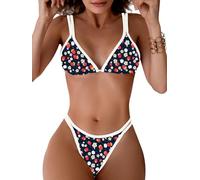TASHEHE Women's Bikini Set High Leg Cut Double Straps Cute Triangle Swimsuit High Waist Two Piece Bathing Suit, Dark Blue / Floral, Large