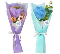 Tasnme Handmade Knitted Crochet Flower Tulip and Heart with Tag & String Light Crochet Flowers Bouquet for Christmas Valentines Day Mother's Day Birthday Wedding Graduation Gifts, Blue Violet