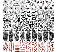 TASROI 236+ PCS 45 Sheets Halloween Temporary Tattoos For Kids Zombie Makeup Kits 3D Bats Spider Web Witch Small Black Ghost Pumpkin Face Stitches Fake Scar Tattoo Stickers For Women Adult Men Skull