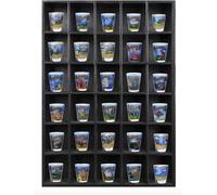 Tasse Verre 30 Shot Glass Shelf Display Case (1-Pack) - Large Wooden Collectibles Rack - Wall Mounted Black Bar Shadow Box Minifigure Storage, 16.7x12.2”