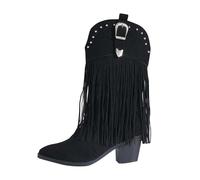 Tassel Cowboy Boots For Women Autumn Winter Flat Suede Mid Calf Boots Chunky Heel Fringe Boot Mid Length Boot Wide Calf Fashion Cowgirl Booties Casual Stylish Plus Size Warm Inside Booties