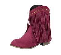 Tassel Cowboy Boots For Women Block Heel Pull On Cowgirl Boots Rivet Pointed Toe Ankle Boot Suede Solid Color Riding Boot Vintage Western Fringe Footwear Low Heeled Wide Calf Short Shoes
