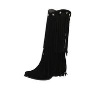 Tassel Cowboy Boots for Women Mid Wide Calf Chunky Heel Fringe Booties Winter Flat Suede Mid Length Shoes Wide Calf Fashion Cowgirl Boots Casual Stylish Plus Size Warm Booties Inside Booster