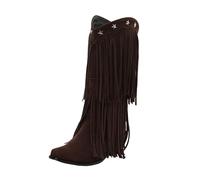 Tassel Cowboy Boots for Women Mid Wide Calf Chunky Heel Fringe Booties Winter Flat Suede Mid Length Shoes Wide Calf Fashion Cowgirl Boots Casual Stylish Plus Size Warm Booties Inside Booster