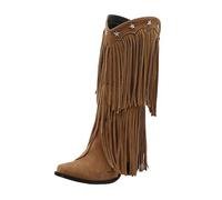 Tassel Cowboy Boots for Women Mid Wide Calf Chunky Heel Fringe Booties Winter Flat Suede Mid Length Shoes Wide Calf Fashion Cowgirl Boots Casual Stylish Plus Size Warm Booties Inside Booster