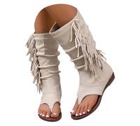 Tassel Cowboy Boots For Women Spring and Summer Flat Suede Mid Calf Boots Chunky Heel Fringe Boot Mid Length Boot Wide Calf Fashion Cowgirl Booties Casual Stylish Plus Size Warm Inside Booties