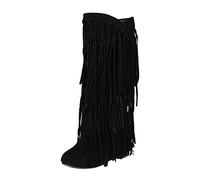 Tassel Cowboy Boots for Women Winter Flat Suede Mid Calf Boot Flat Fringe Boots Mid Boot Wide Fit Fashion Cowgirl Shoes Casual Stylish Plus Size Warm Inside Booster Black