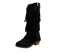 Tassel Cowboy Boots for Women Winter Flat Suede Mid Calf Booties Chunky Heel Fringe Boot Mid Length Shoes Wide Calf Fashion Ladies Cowgirl Boots Casual Stylish Plus Size Warm Boot Inside Booster