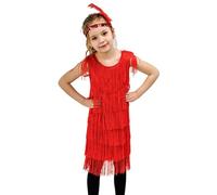 Tassel Dance Dress for Girl Classic Sleeveless Smooth Competition Outfit Elastic Sequin Headband Costume Red 4-6 Years 2024