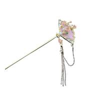 Tassel Hair Sticks Hairpin Chinese Style Plum Blossom Fan-shaped Women's Round Hair Metal Hanfu Braid Tassel(Pink)