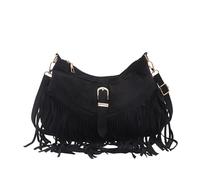 Tassel Handbag Women Boho Shoulder Bag PU Leather Ethnic (Black)