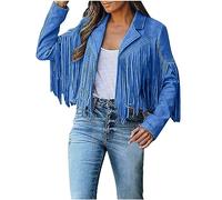 Tassel Jacket Women Cowgirl Lapel Collar Solid Color Long Sleeve Fringe Cardigan Jacket Coat Western Ladies Suede Tassel Jacket Vintage Cropped Coats Motor Biker Fringe Cardigans