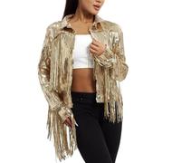 Tassel Jackets for Women Fringe Party Jackets Women UK Sparkly Sequin Jacket Shiny Glitter Tassel Fringe Hem Disco Jacket Sequin Fringe Jacket Coat 90s Streetwear Jacket for Women Disco (Gold, XL)