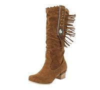 Tassel Rhinestone Boots Pointed Toe Chunky High Heel Boots, brown, 5 UK