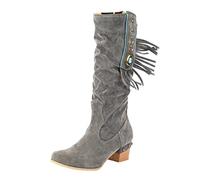Tassel Rhinestone Pointed Toe Chunky High Heel Boots for Women Elegant Knee-High Boots with Glitter Decoration, gray, 8 UK