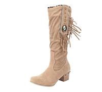 Tassel Rhinestone Pointed Toe Chunky High Heel Boots for Women Elegant Knee-High Boots with Glitter Decoration, khaki, 7 UK