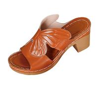 Tassel Sandals for Women Women's Butterfly Openwork Sandals Retro Chunky Heel Closed Toe Mules Hand Comfortable Cowhide Women's (Brown, 7)
