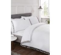 Tassel Trimmed Modern Duvet Quilt Cover Set Bed Linen Silver/Grey White