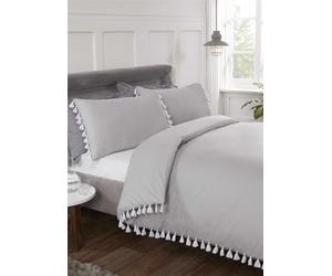 Tassel Trimmed Modern Duvet Quilt Cover Set Bed Linen Silver/Grey White