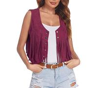 Tassel Waistcoat Women Ladies Fringe Waistcoats Sleeveless Vest Hippie Gilet Faux Suede Jacket Coat Solid Color Open Front Cardigans Boho Western Jackets Plain Coats Plus Size Outwear