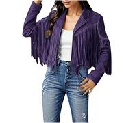 Tassel Waistcoat Women, Women's Denim Tassel Jacket Vintage Lapel Long Sleeve Fringe Cropped Hippie Motor Biker Cardigan Outwear Purple 3XL