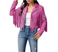 Tassel Waistcoat Women, Women's Denim Tassel Jacket Vintage Lapel Long Sleeve Fringe Cropped Hippie Motor Biker Cardigan Outwear Hot Pink XL