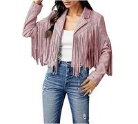 Tassel Waistcoat Women, Women's Denim Tassel Jacket Vintage Lapel Long Sleeve Fringe Cropped Hippie Motor Biker Cardigan Outwear Pink 3XL