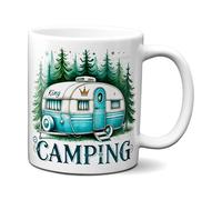 Tassenking Camping King Mug with Caravan Motif - Ceramic Mug 320 ml - Gift for Campers - Coffee Mug with Forest Design - White