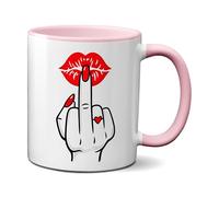 TassenKing Funny Coffee Mug with Middle Finger and Kissing Mouth - Statement Mug - 330 ml Ceramic Mug White - Gift Idea for Women, Girlfriend & Colleague with Humour (Pink)