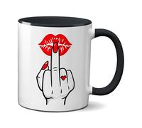 TassenKing Funny Coffee Mug with Middle Finger and Kissing Mouth - Statement Mug - 330 ml Ceramic Mug White - Gift Idea for Women, Girlfriend & Colleague with Humour (Black)