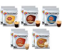 Tassimo Coffee Marcilla Coffee Selection - Marcilla Café con Leche/Cortado/Espresso/Café Largo/Espresso Descafeinado Coffee Pods - 10 Packs (160 Servings)