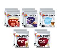 Tassimo Coffee Selection - Tassimo Americano/Costa Americano/Costa Latte/Cadbury Hot Chocolate/Milk Creamer - 10 Packs (96 Servings)