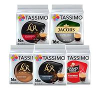 Tassimo Espresso Variety Pack Coffee Pods (Pack of 5, Total 80 Capsules) - Grand Mere, Jacobs Ristretto, L’OR Fortissimo, L’OR Classique & L’OR Splendente
