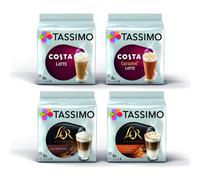 Tassimo Latte Bundle - Costa Latte/Costa Caramel Latte/L'Or Latte Macchiato/Latte Macchiato Caramel Coffee Pods - 4 Packs (32 Servings)