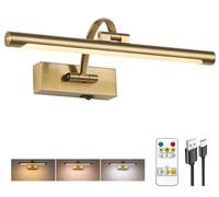 Tassuowell Wireless Picture Lights for Wall Rechargeable, Battery Operated Art Light for Paintings, 3CCT Dimmable, 15.7" Brass Finish with Remote, Rotatable Gallery Light for Pictures Display