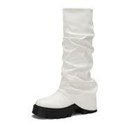 Tasteall Fold Over Platform Boots for Women, Knee High Shark Boots Round Toe Pleated Slouchy Boot Shoes for Casual, White, 7 UK