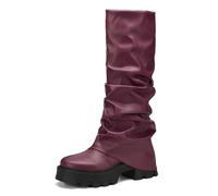 Tasteall Fold Over Platform Boots for Women, Knee High Shark Boots Round Toe Pleated Slouchy Boot Shoes for Casual, Burgundy, 7 UK