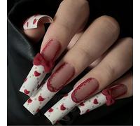 Tastetreasure 24 Pcs Press on Nails Long Square, 3D Red Flocking Bow & Heart Design Valentine's Day Fake Nails, Luxury French Tip False Nails with Glue Stickers & Nail File Kit, Reusable Stick on