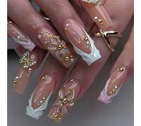 Tastetreasure 24Pcs 3D Rhinestone Press on Nails, Sweet Cool Silver Glitter Flower False Nails with Jelly Glue Kit, Luxury Shimmering Almond Fake Nails for Women