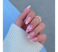 Tastetreasure 24Pcs Almond Press on Nails, Pink French Tip Fake Nails with 3D Bows and Pearls, Cute Gel Stick on Nails for Women, Acrylic False Nails with Jelly Glue Kit, 1 Pack